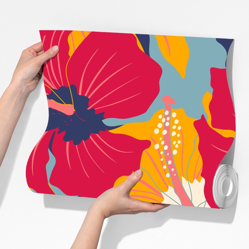 Fototapeta żywy wzór hibiskusa w stylu retro – Wallissimo® Fototapeta żywy wzór hibiskusa w stylu retro – Wallissimo®