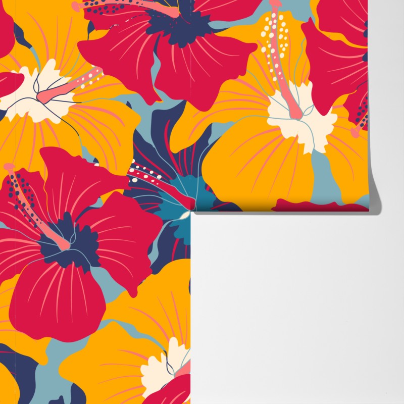 Fototapeta żywy wzór hibiskusa w stylu retro – Wallissimo® Fototapeta żywy wzór hibiskusa w stylu retro – Wallissimo®