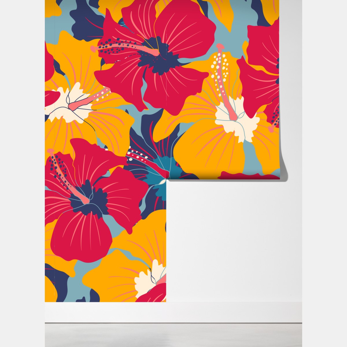 Fototapeta żywy wzór hibiskusa w stylu retro – Wallissimo® Fototapeta żywy wzór hibiskusa w stylu retro – Wallissimo®