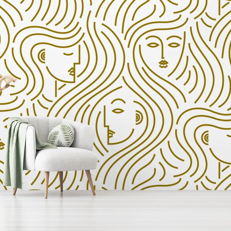 Wall mural golden flowing faces seamless pattern