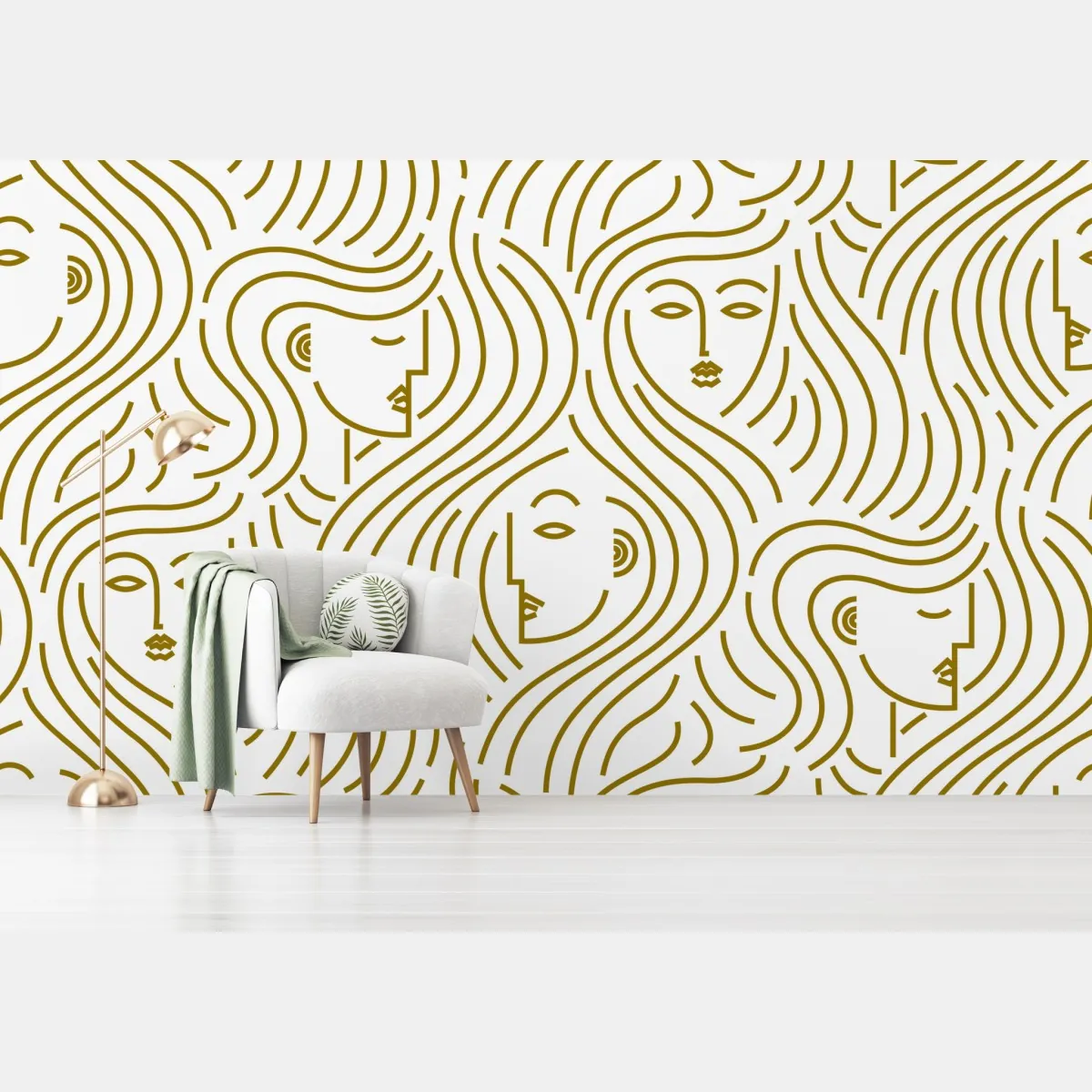Fototapeta złote fale i abstrakcyjne twarze bezszwowy wzór – Wallissimo® Fototapeta złote fale i abstrakcyjne twarze bezszwowy wzór – Wallissimo®