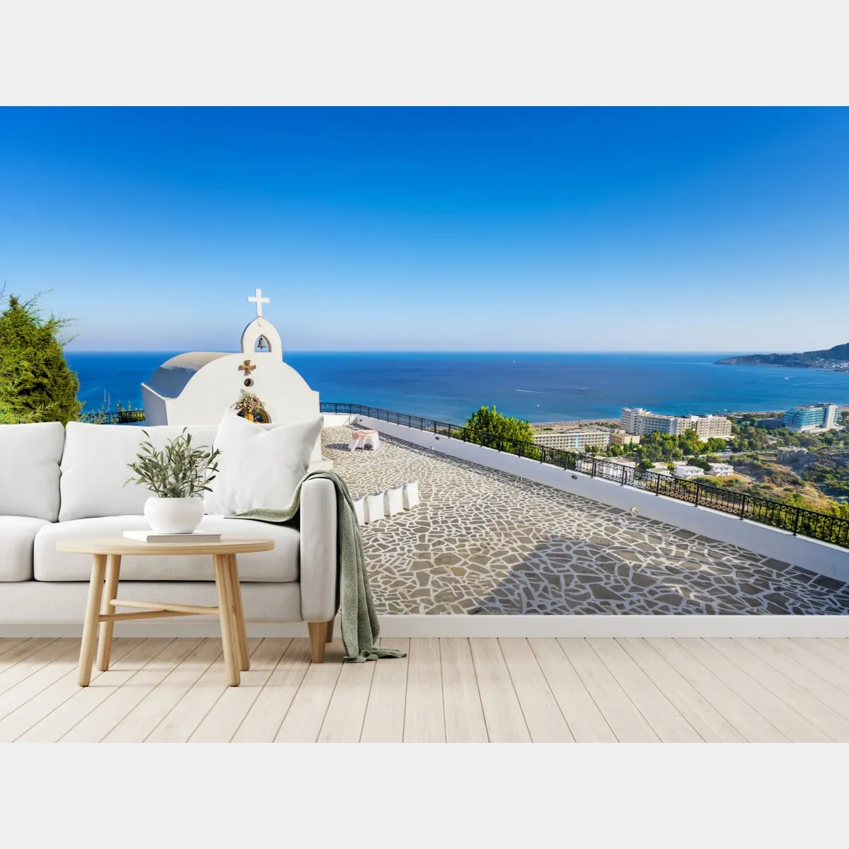 Fototapeta biała kaplica z widokiem na morze w Faliraki – Wallissimo® Fototapeta biała kaplica z widokiem na morze w Faliraki – Wallissimo®