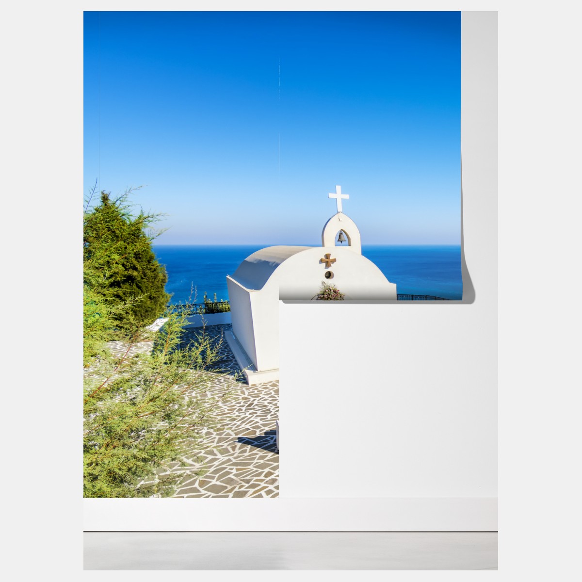 Fototapeta biała kaplica z widokiem na morze w Faliraki – Wallissimo® Fototapeta biała kaplica z widokiem na morze w Faliraki – Wallissimo®