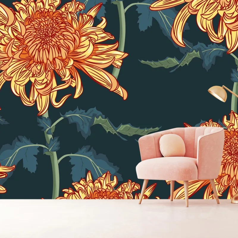 Wall mural golden chrysanthemum botanical print