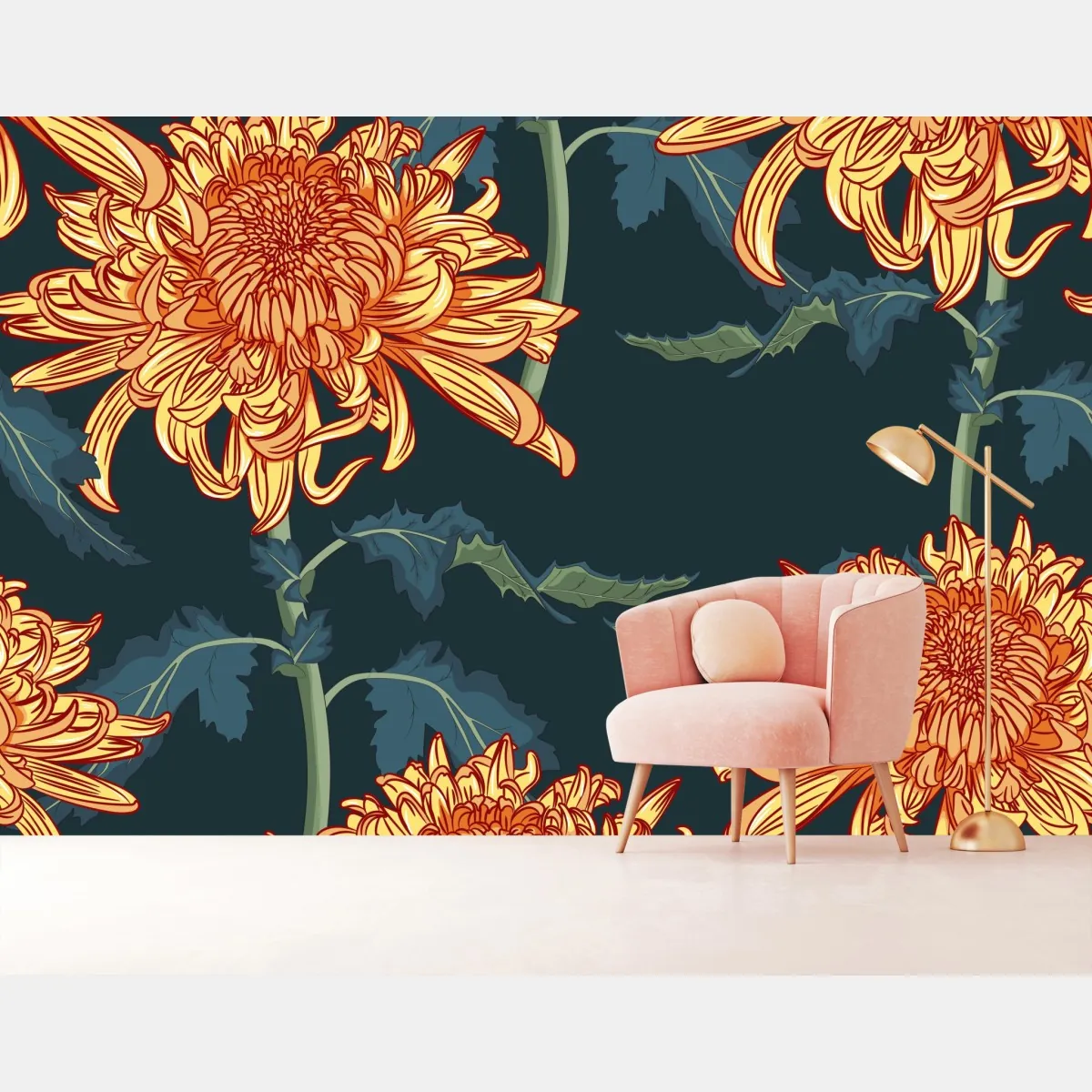 Fototapeta złota chryzantema botaniczny wzór – Wallissimo® Fototapeta złota chryzantema botaniczny wzór – Wallissimo®