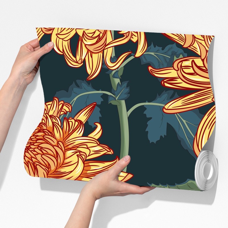 Fototapeta złota chryzantema botaniczny wzór – Wallissimo® Fototapeta złota chryzantema botaniczny wzór – Wallissimo®