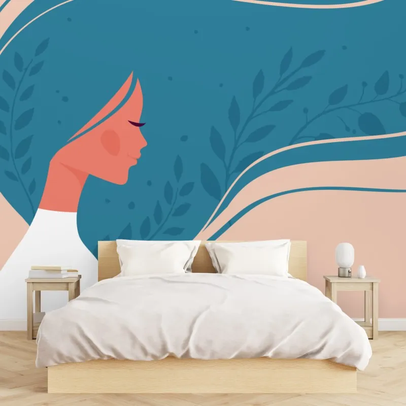 Wall mural serene floral profile with flowing hair
