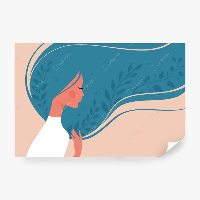Wall mural serene floral profile with flowing hair