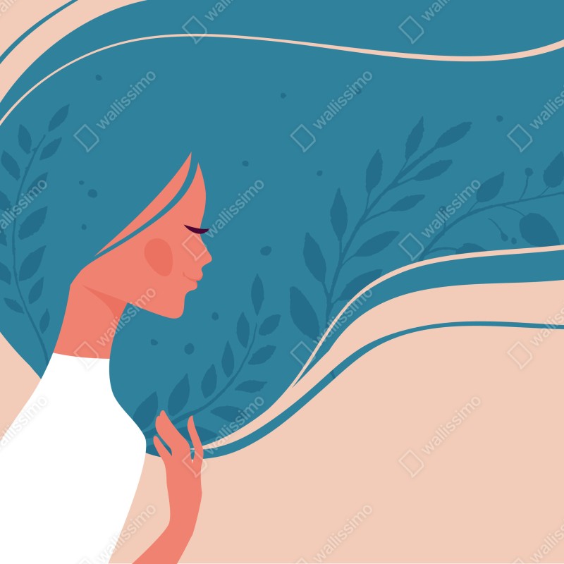 Fototapeta spokojny kwiatowy profil z falującymi włosami – Wallissimo® Fototapeta spokojny kwiatowy profil z falującymi włosami – Wallissimo®