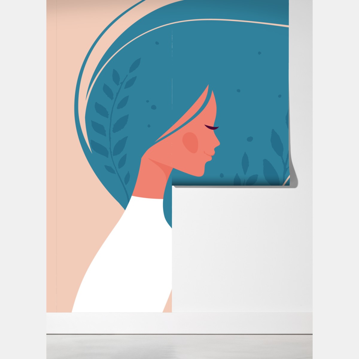 Fototapeta spokojny kwiatowy profil z falującymi włosami – Wallissimo® Fototapeta spokojny kwiatowy profil z falującymi włosami – Wallissimo®