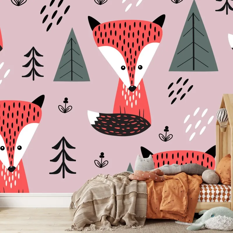 Wall mural playful fox forest pattern