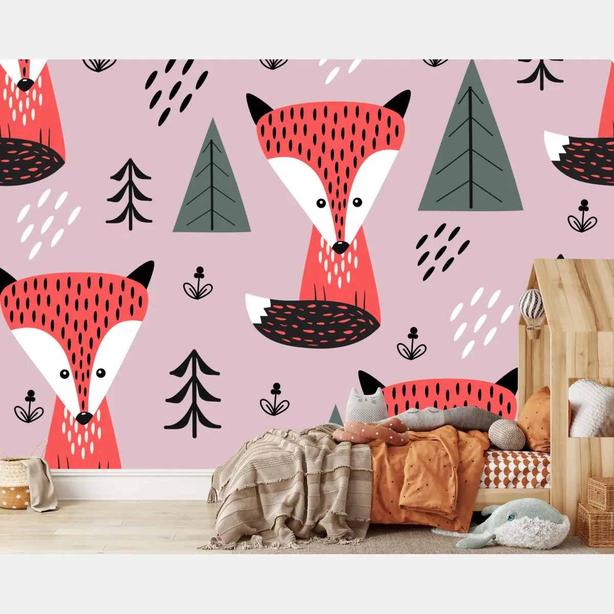 Fototapeta zabawny wzór z lisami w lesie – Wallissimo® Fototapeta zabawny wzór z lisami w lesie – Wallissimo®