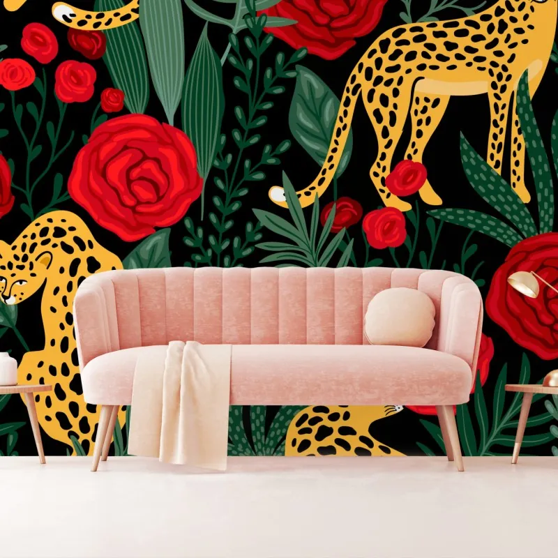 Wall mural exotic leopard and rose pattern