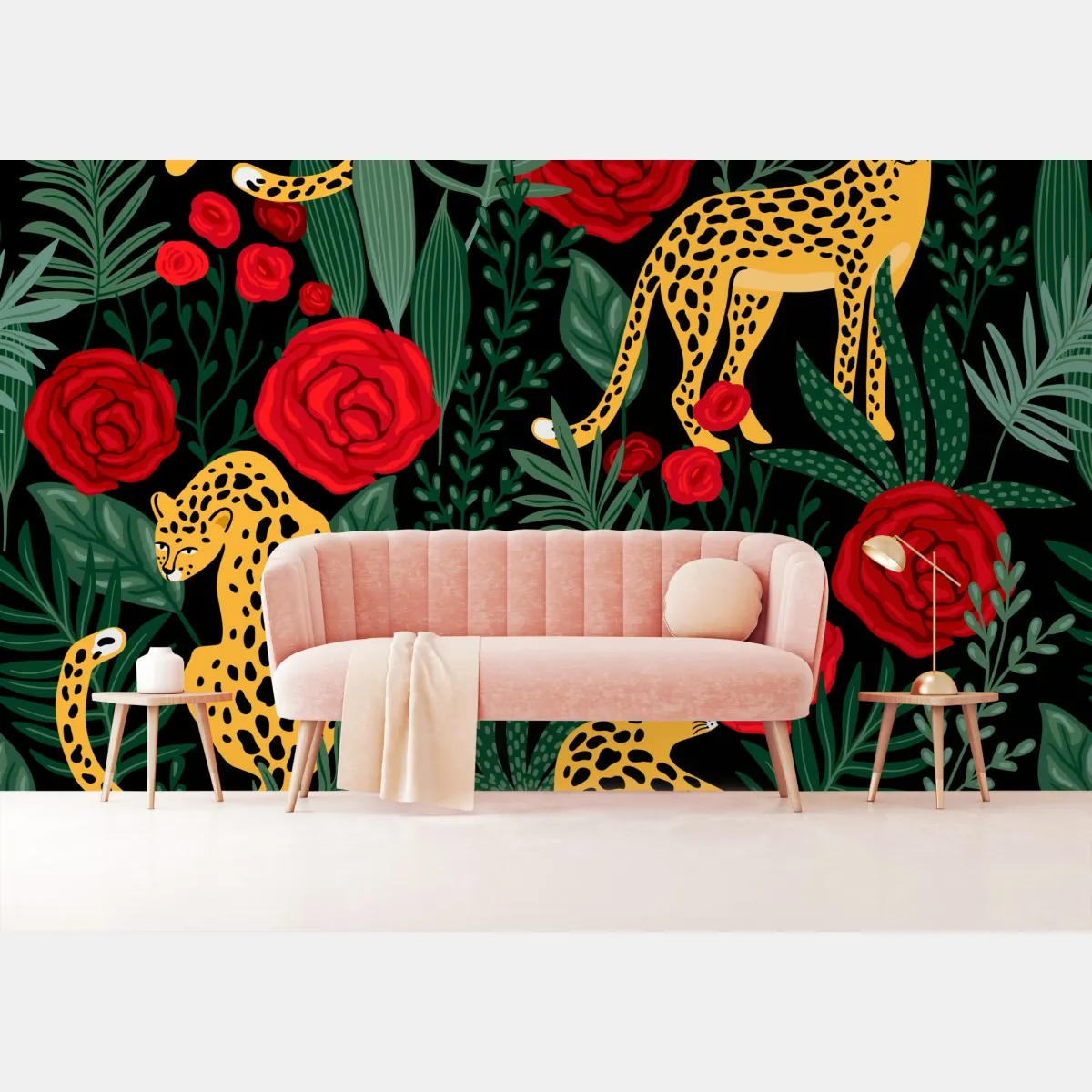 Fototapeta egzotyczny wzór z gepardami i różami – Wallissimo® Fototapeta egzotyczny wzór z gepardami i różami – Wallissimo®