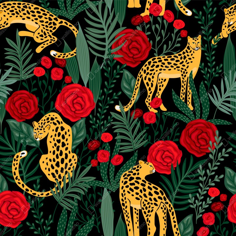 Fototapeta egzotyczny wzór z gepardami i różami – Wallissimo® Fototapeta egzotyczny wzór z gepardami i różami – Wallissimo®