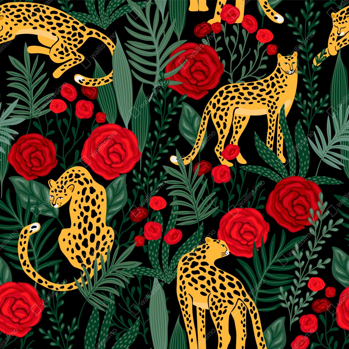 Fototapeta egzotyczny wzór z gepardami i różami – Wallissimo® Fototapeta egzotyczny wzór z gepardami i różami – Wallissimo®