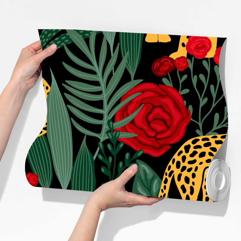 Fototapeta egzotyczny wzór z gepardami i różami – Wallissimo® Fototapeta egzotyczny wzór z gepardami i różami – Wallissimo®