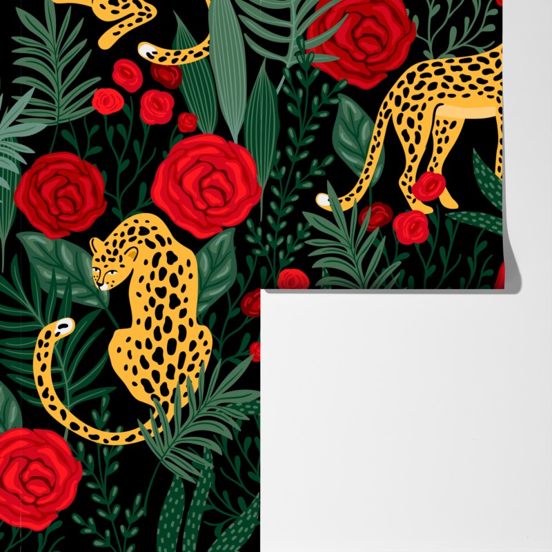 Fototapeta egzotyczny wzór z gepardami i różami – Wallissimo® Fototapeta egzotyczny wzór z gepardami i różami – Wallissimo®