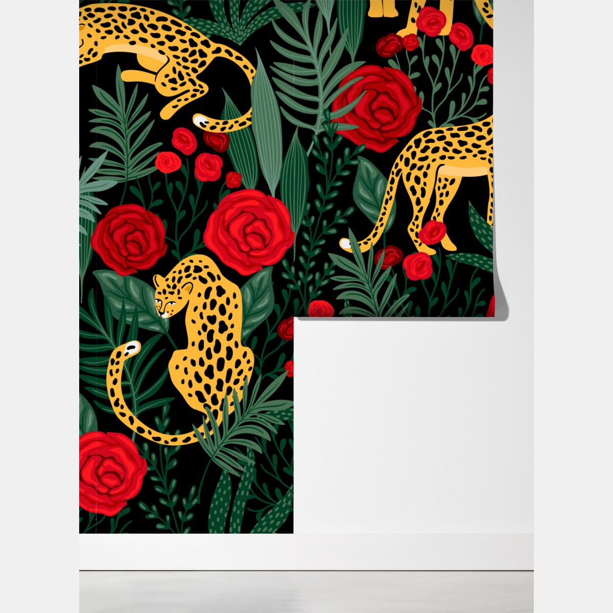 Fototapeta egzotyczny wzór z gepardami i różami – Wallissimo® Fototapeta egzotyczny wzór z gepardami i różami – Wallissimo®