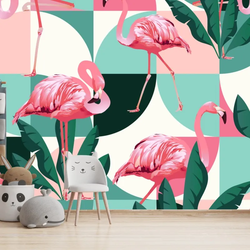 Wall mural playful pink flamingo pattern