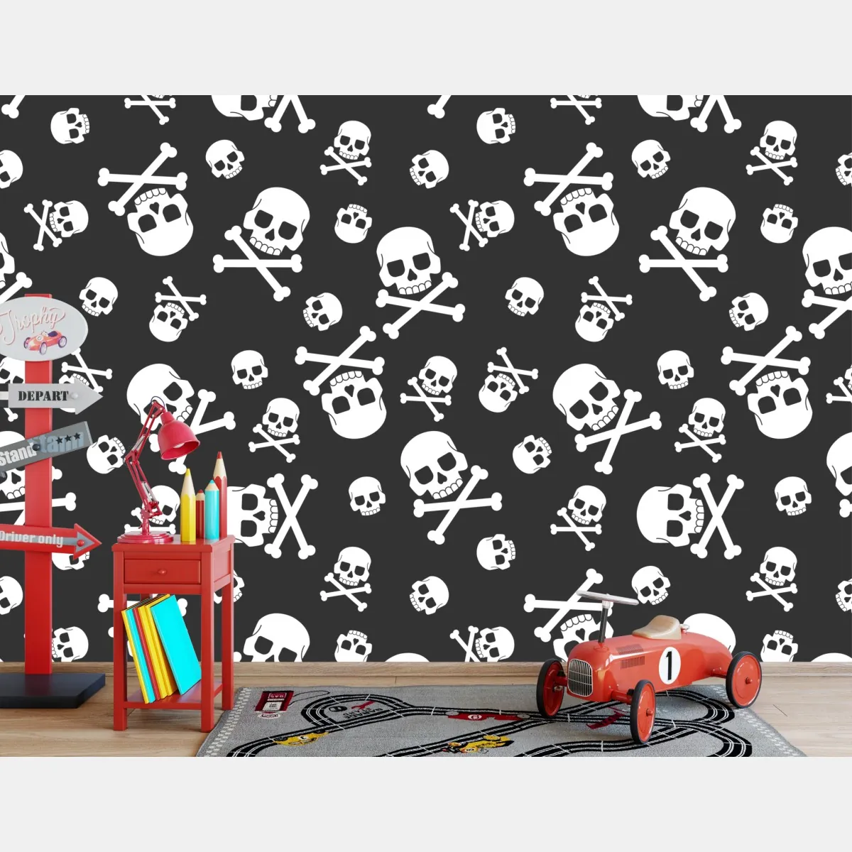 Fototapeta biały wzór czaszek na szarym tle – Wallissimo® Fototapeta biały wzór czaszek na szarym tle – Wallissimo®