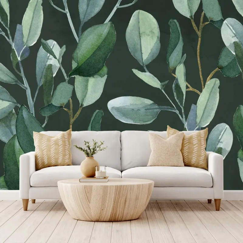 Wall mural eucalyptus leaves watercolor pattern on dark green