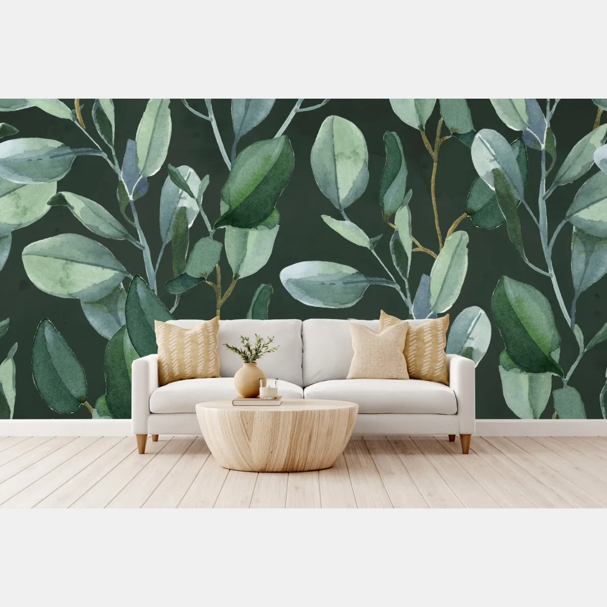 Fototapeta wzór akwarelowy z liśćmi eukaliptusa na ciemnozielonym tle – Wallissimo® Fototapeta wzór akwarelowy z liśćmi eukaliptusa na ciemnozielonym tle – Wallissimo®