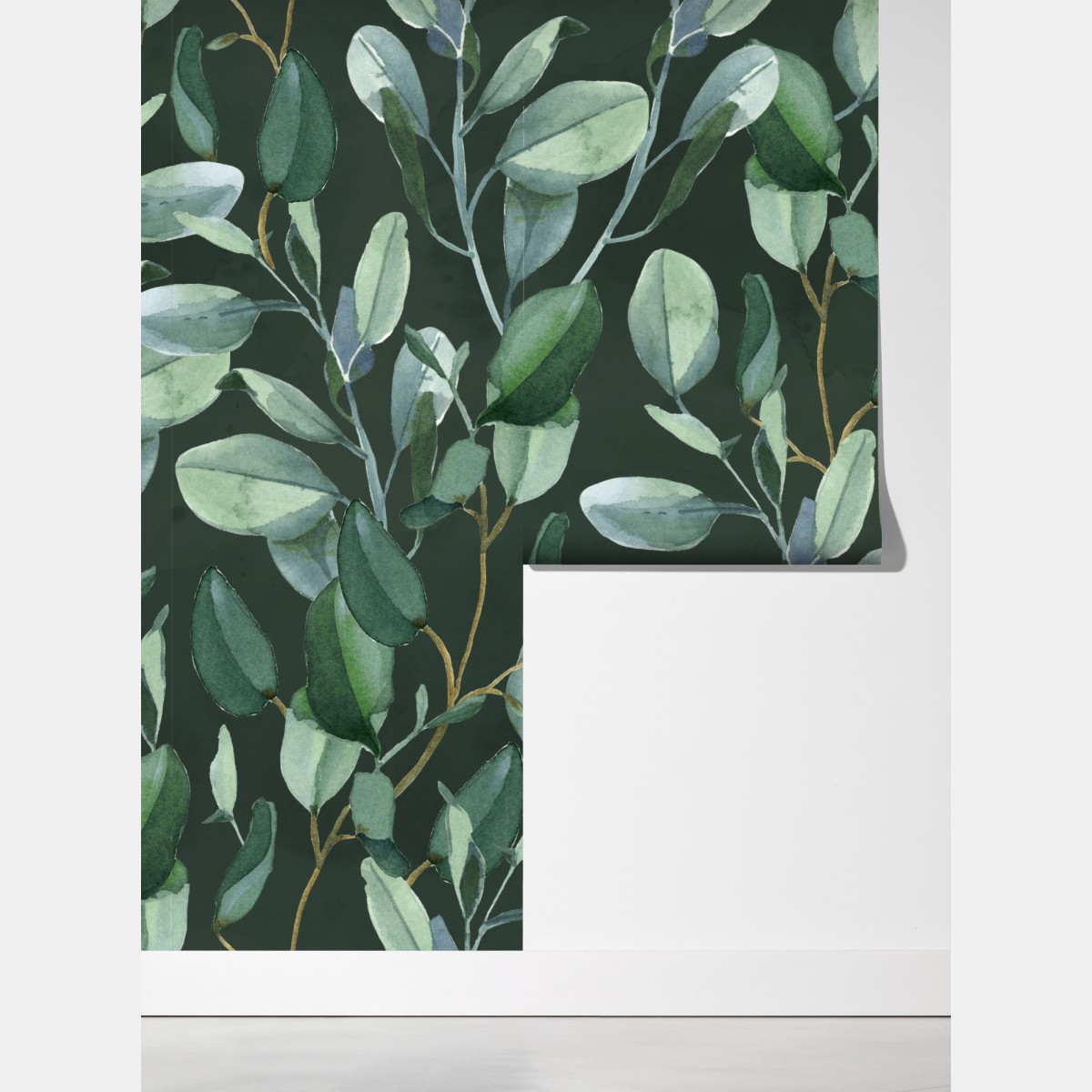 Fototapeta wzór akwarelowy z liśćmi eukaliptusa na ciemnozielonym tle – Wallissimo® Fototapeta wzór akwarelowy z liśćmi eukaliptusa na ciemnozielonym tle – Wallissimo®
