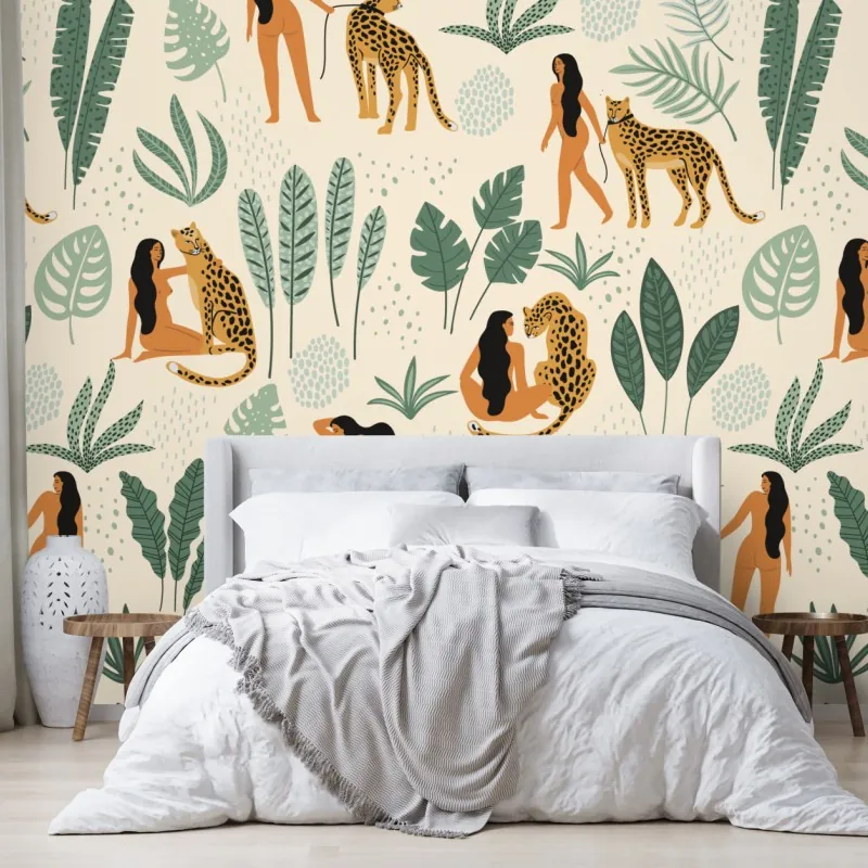 Wall mural wild jungle pattern with leopards and leaves