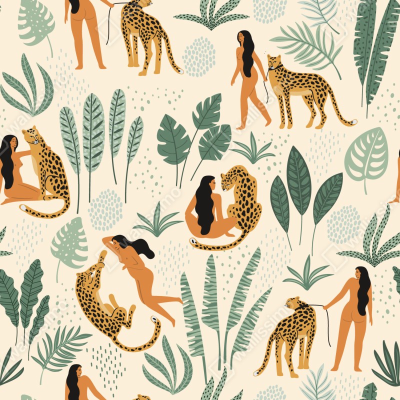 Fototapeta egzotyczny wzór z gepardami i liśćmi – Wallissimo® Fototapeta egzotyczny wzór z gepardami i liśćmi – Wallissimo®