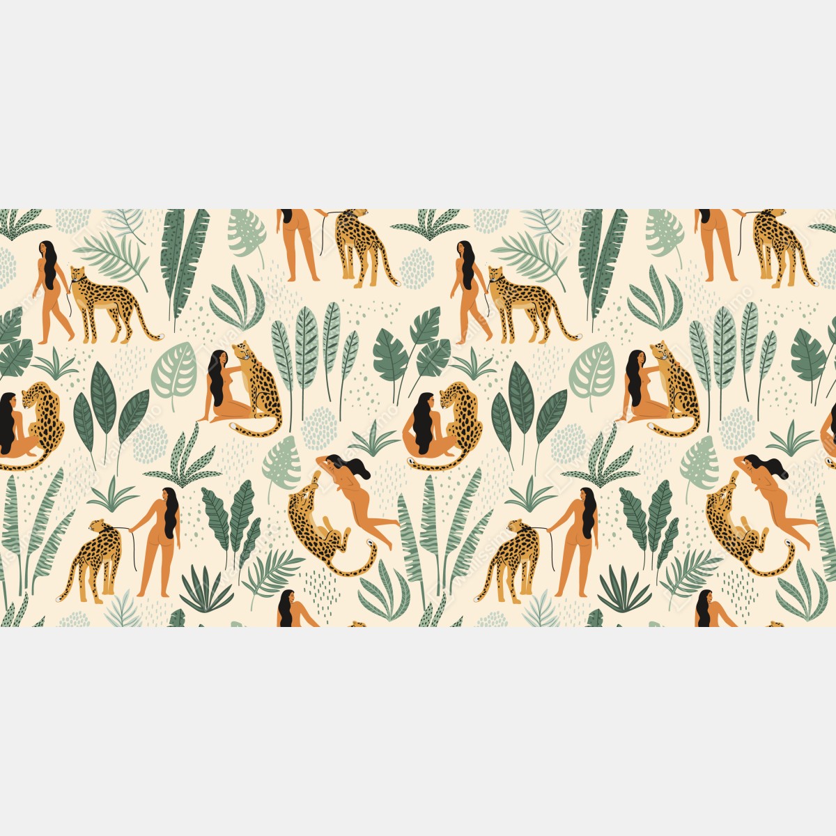 Fototapeta egzotyczny wzór z gepardami i liśćmi – Wallissimo® Fototapeta egzotyczny wzór z gepardami i liśćmi – Wallissimo®