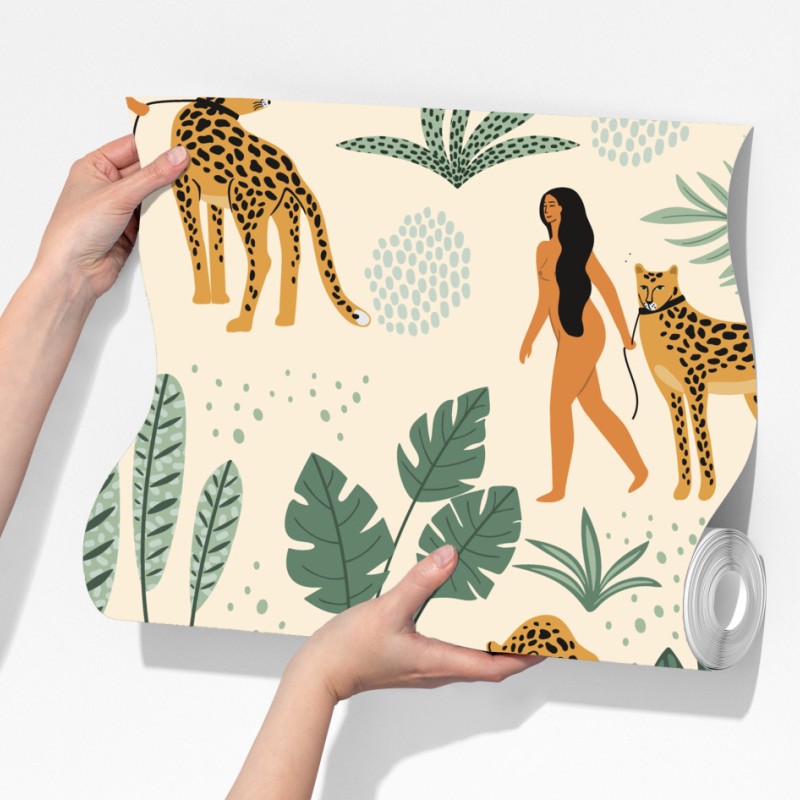 Fototapeta egzotyczny wzór z gepardami i liśćmi – Wallissimo® Fototapeta egzotyczny wzór z gepardami i liśćmi – Wallissimo®