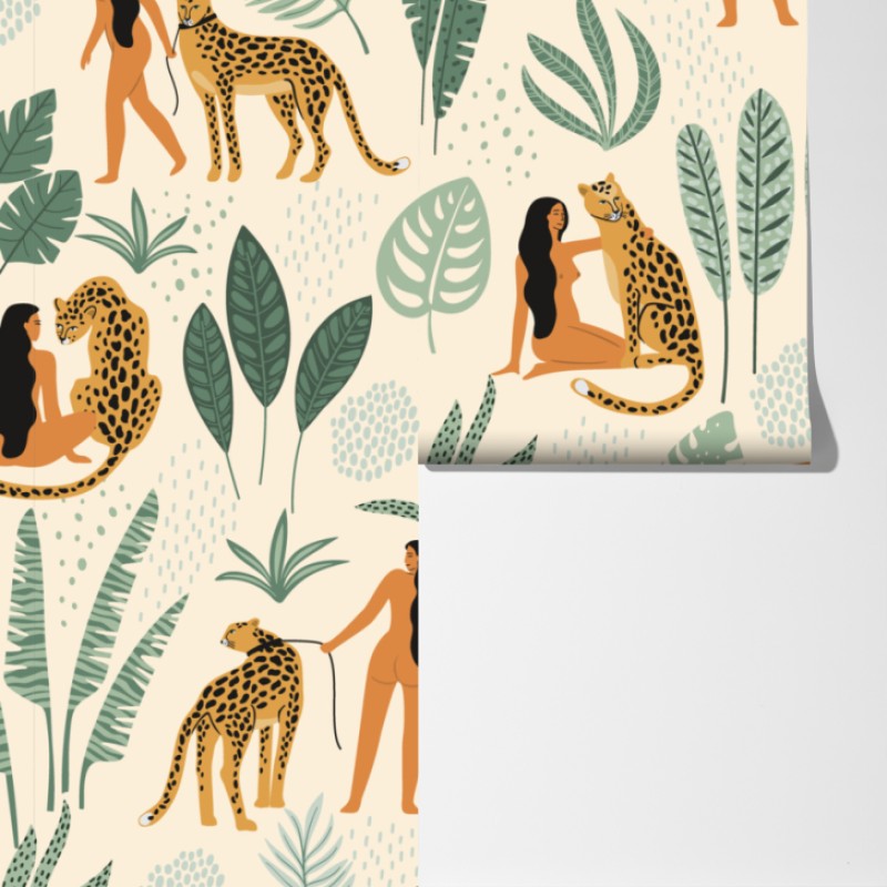 Fototapeta egzotyczny wzór z gepardami i liśćmi – Wallissimo® Fototapeta egzotyczny wzór z gepardami i liśćmi – Wallissimo®