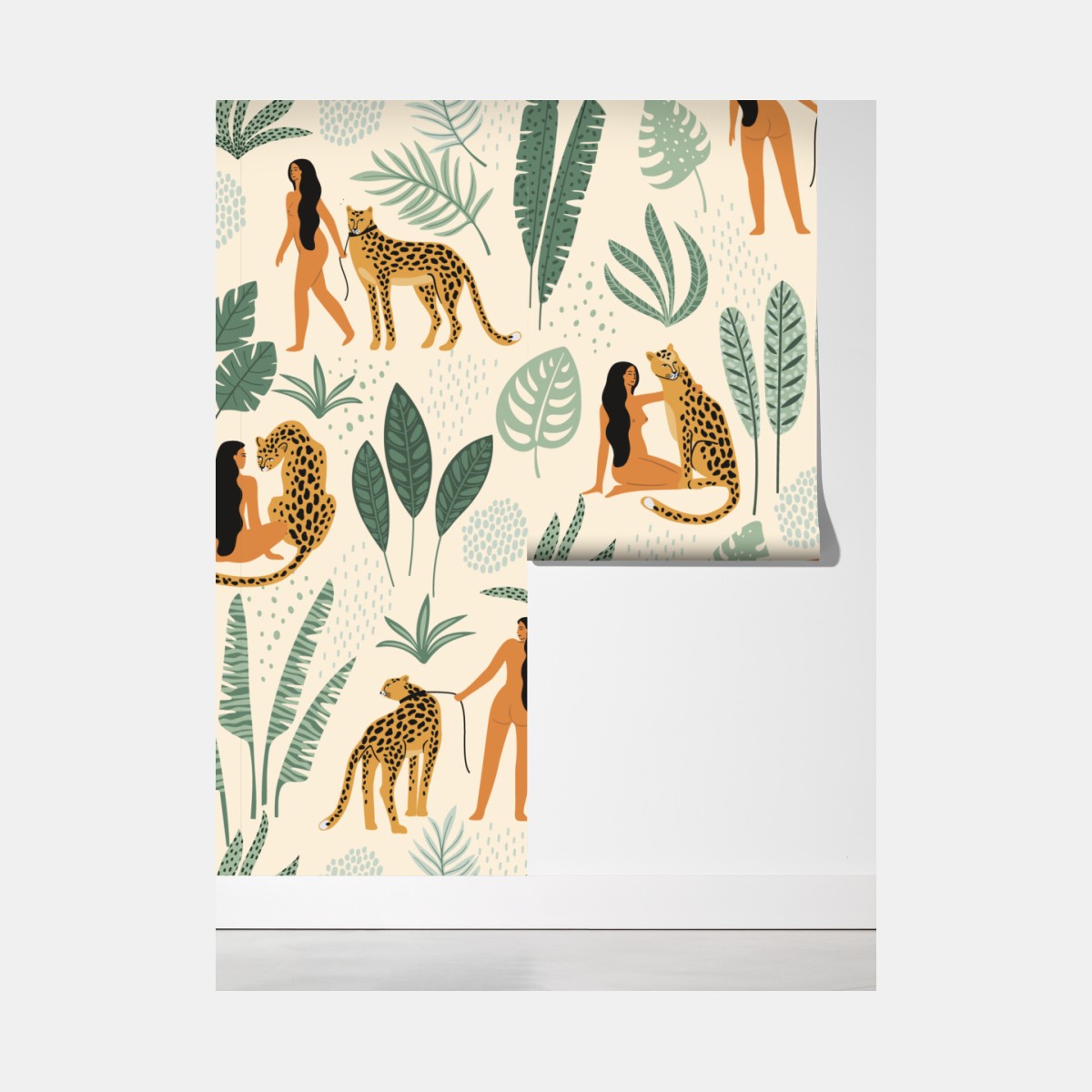 Fototapeta egzotyczny wzór z gepardami i liśćmi – Wallissimo® Fototapeta egzotyczny wzór z gepardami i liśćmi – Wallissimo®