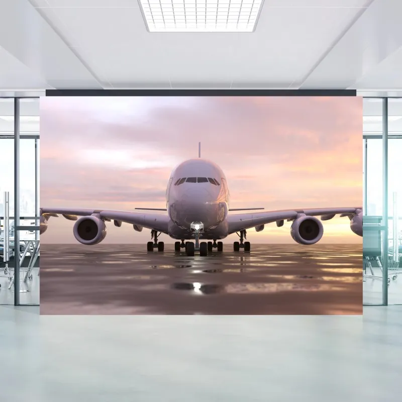 Wall mural front view jet on runway at sunset