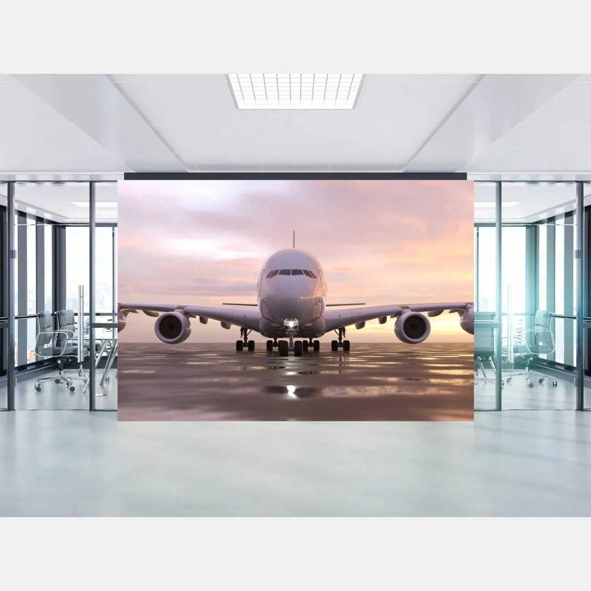 Fototapeta odrzutowiec na pasie startowym o zachodzie słońca – Wallissimo® Fototapeta odrzutowiec na pasie startowym o zachodzie słońca – Wallissimo®