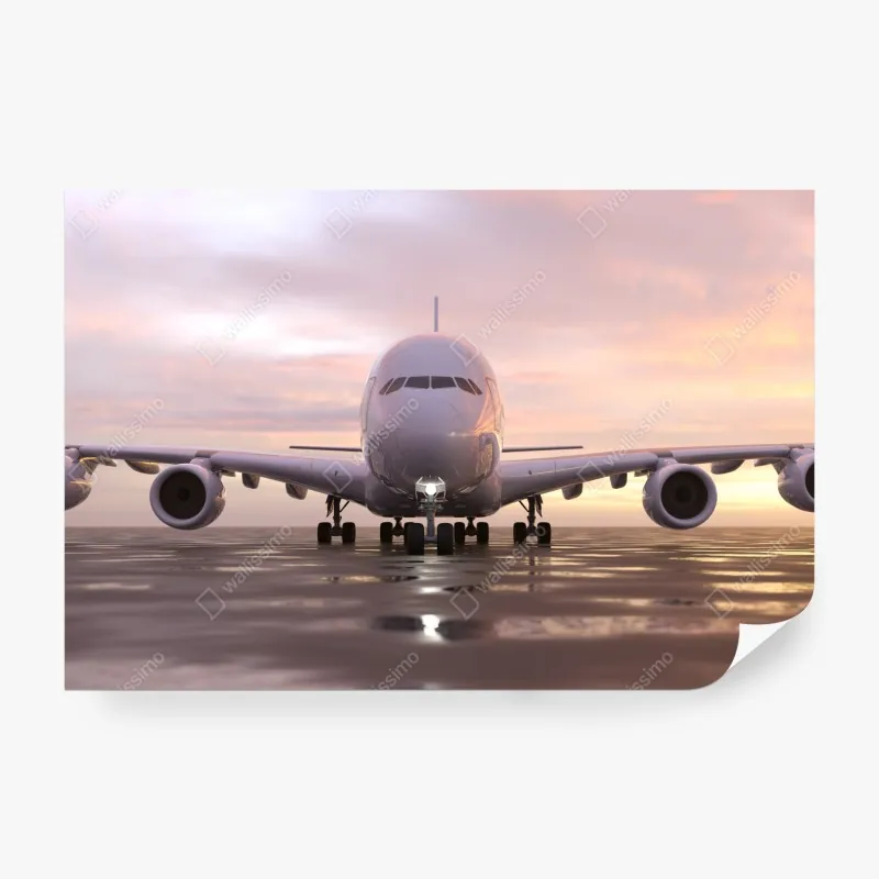 Wall mural front view jet on runway at sunset