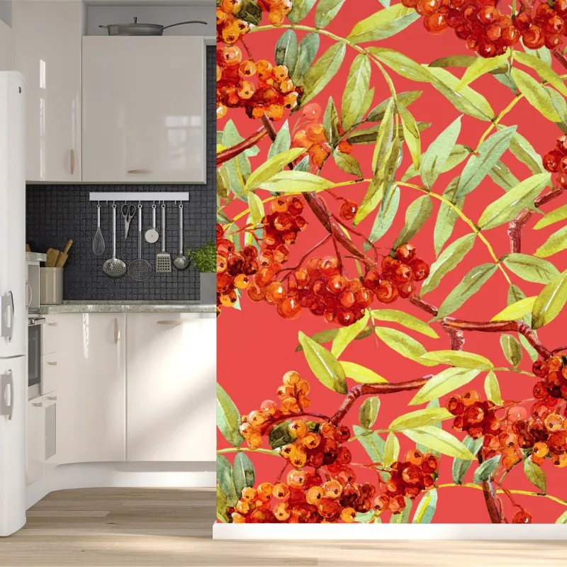 Wall mural watercolor rowan berries pattern