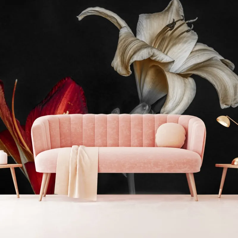 Wall mural dramatic red and ivory lilies on black background