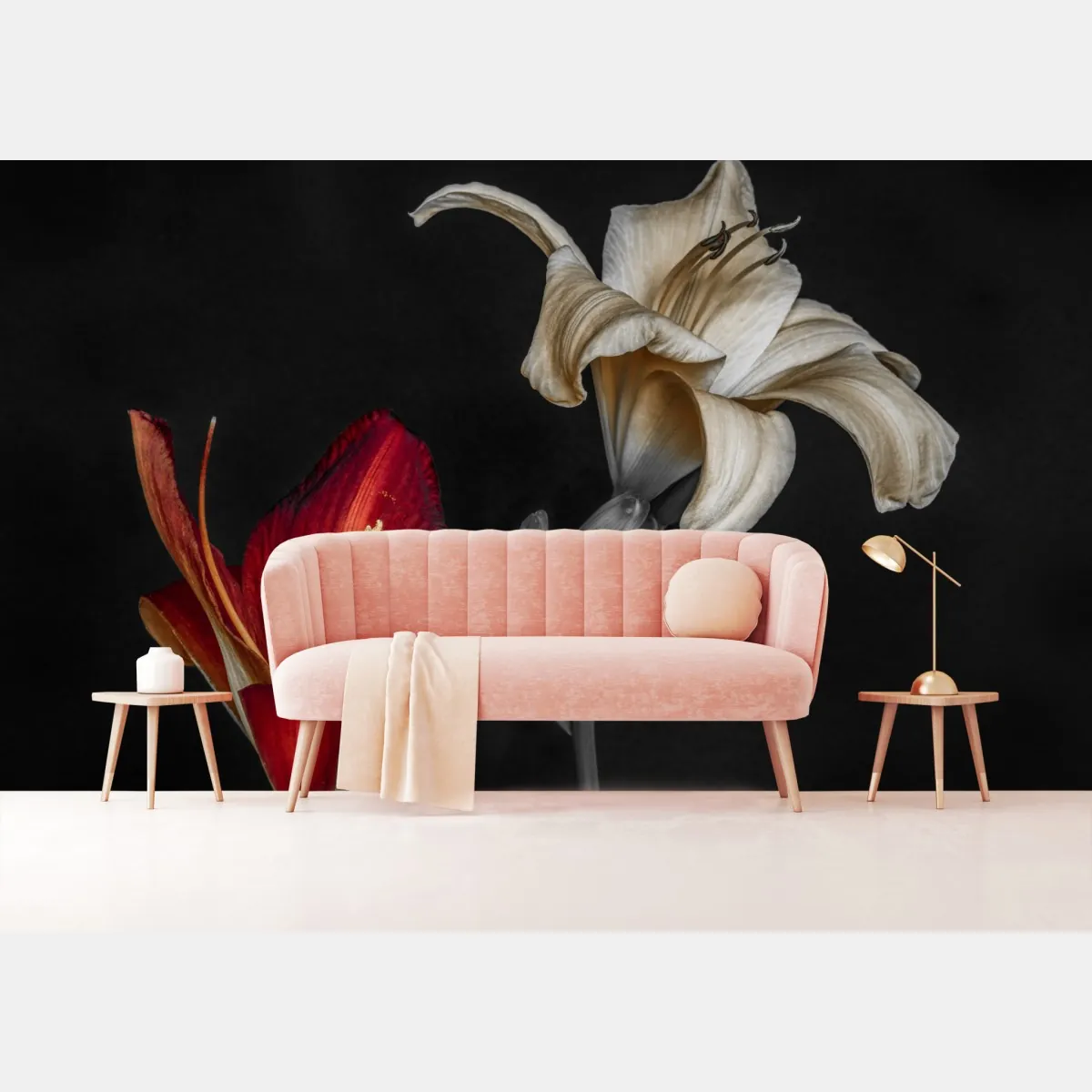 Fototapeta dramatyczne czerwone i kremowe lilie na czarnym tle – Wallissimo® Fototapeta dramatyczne czerwone i kremowe lilie na czarnym tle – Wallissimo®