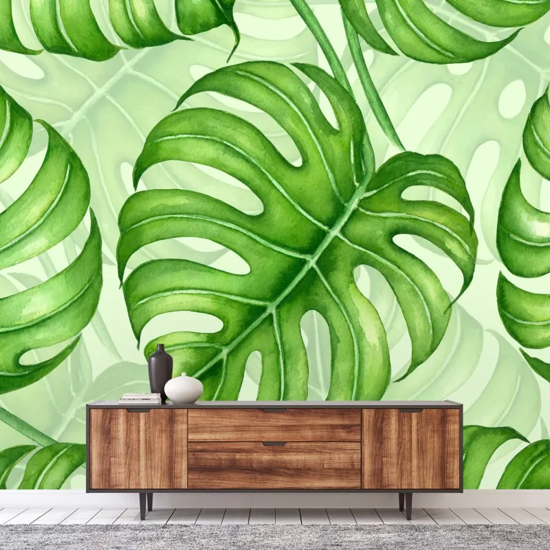 Wall mural watercolor monstera leaf pattern