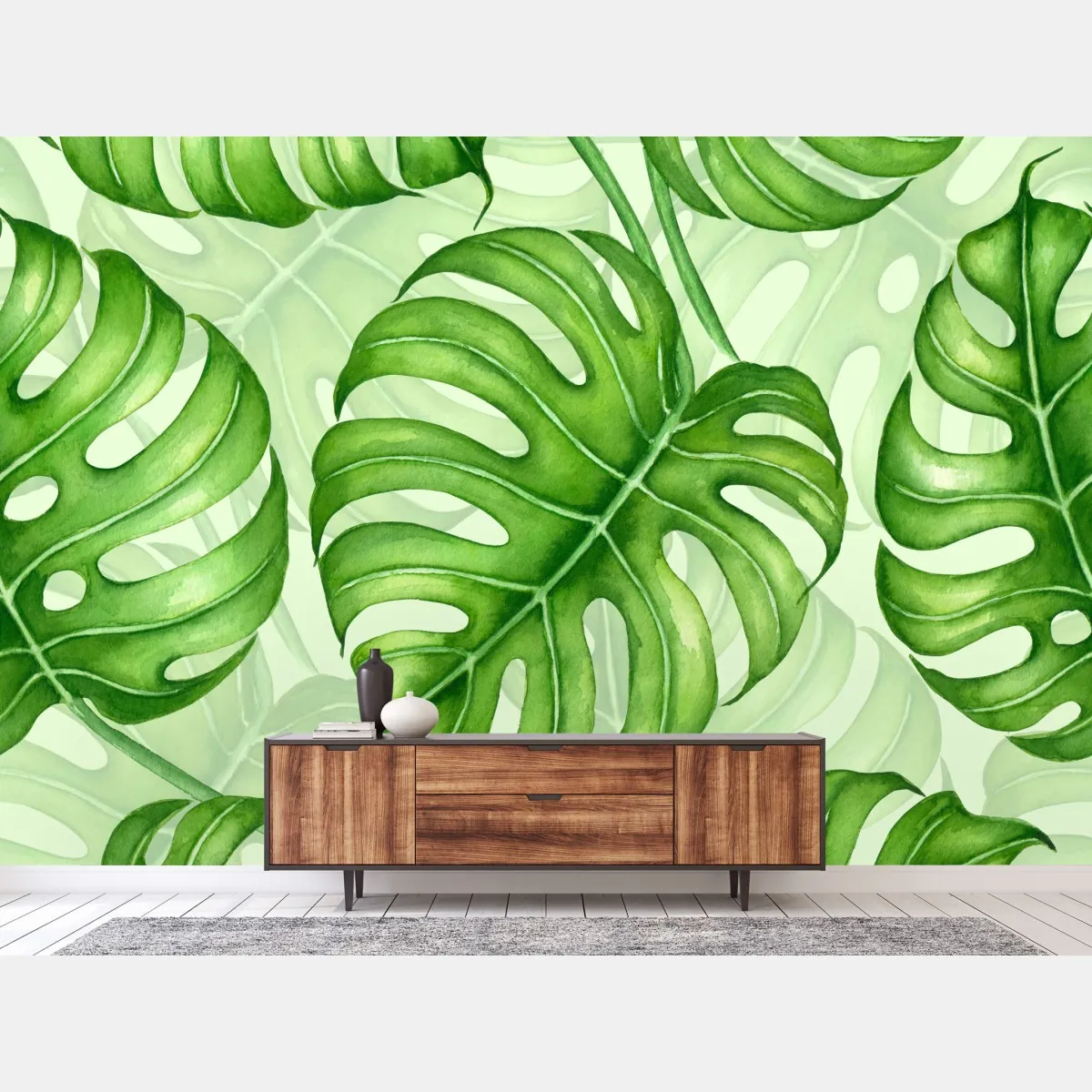 Fototapeta akwarelowy wzór liści monstery – Wallissimo® Fototapeta akwarelowy wzór liści monstery – Wallissimo®