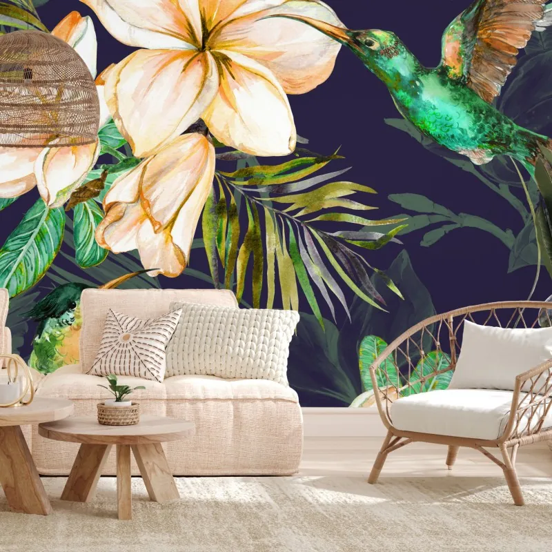 Wall mural tropical hummingbirds and plumeria watercolor pattern