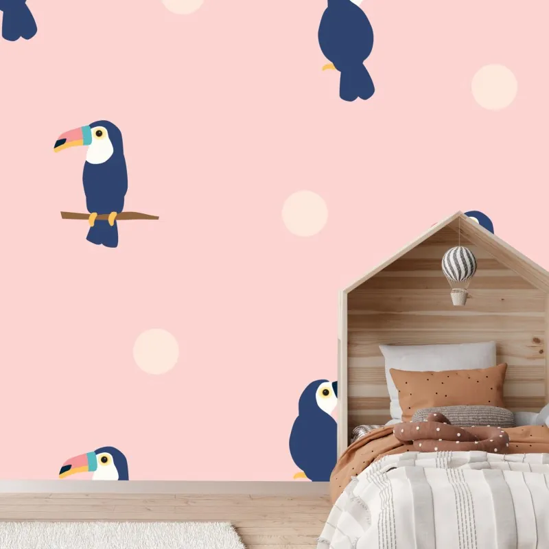 Wall mural playful toucan pattern on pastel pink