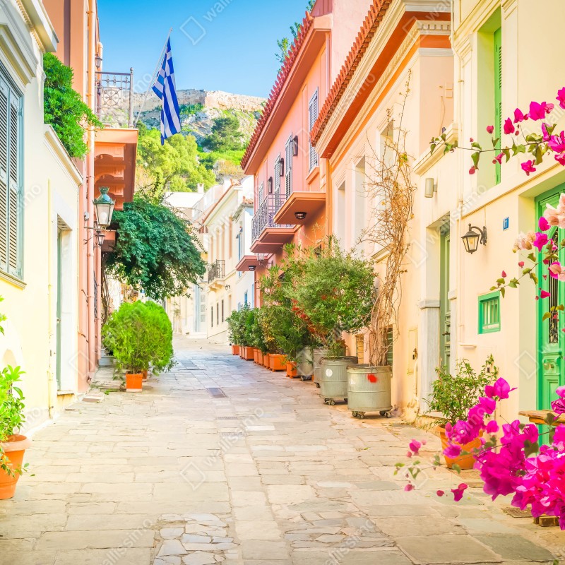 Fototapeta słoneczna grecka uliczka z bougainvilleą – Wallissimo® Fototapeta słoneczna grecka uliczka z bougainvilleą – Wallissimo®