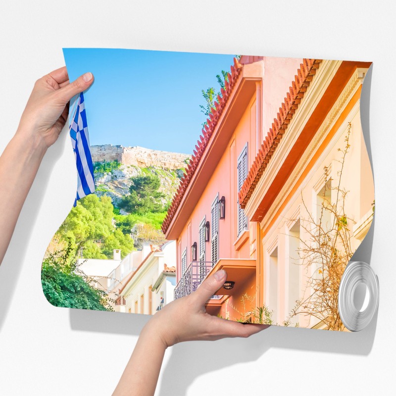 Fototapeta słoneczna grecka uliczka z bougainvilleą – Wallissimo® Fototapeta słoneczna grecka uliczka z bougainvilleą – Wallissimo®