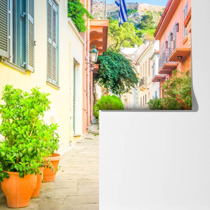 Fototapeta słoneczna grecka uliczka z bougainvilleą – Wallissimo® Fototapeta słoneczna grecka uliczka z bougainvilleą – Wallissimo®