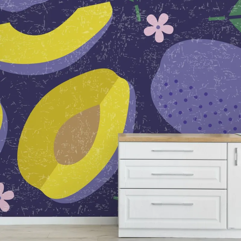 Wall mural playful plum and leaf pattern