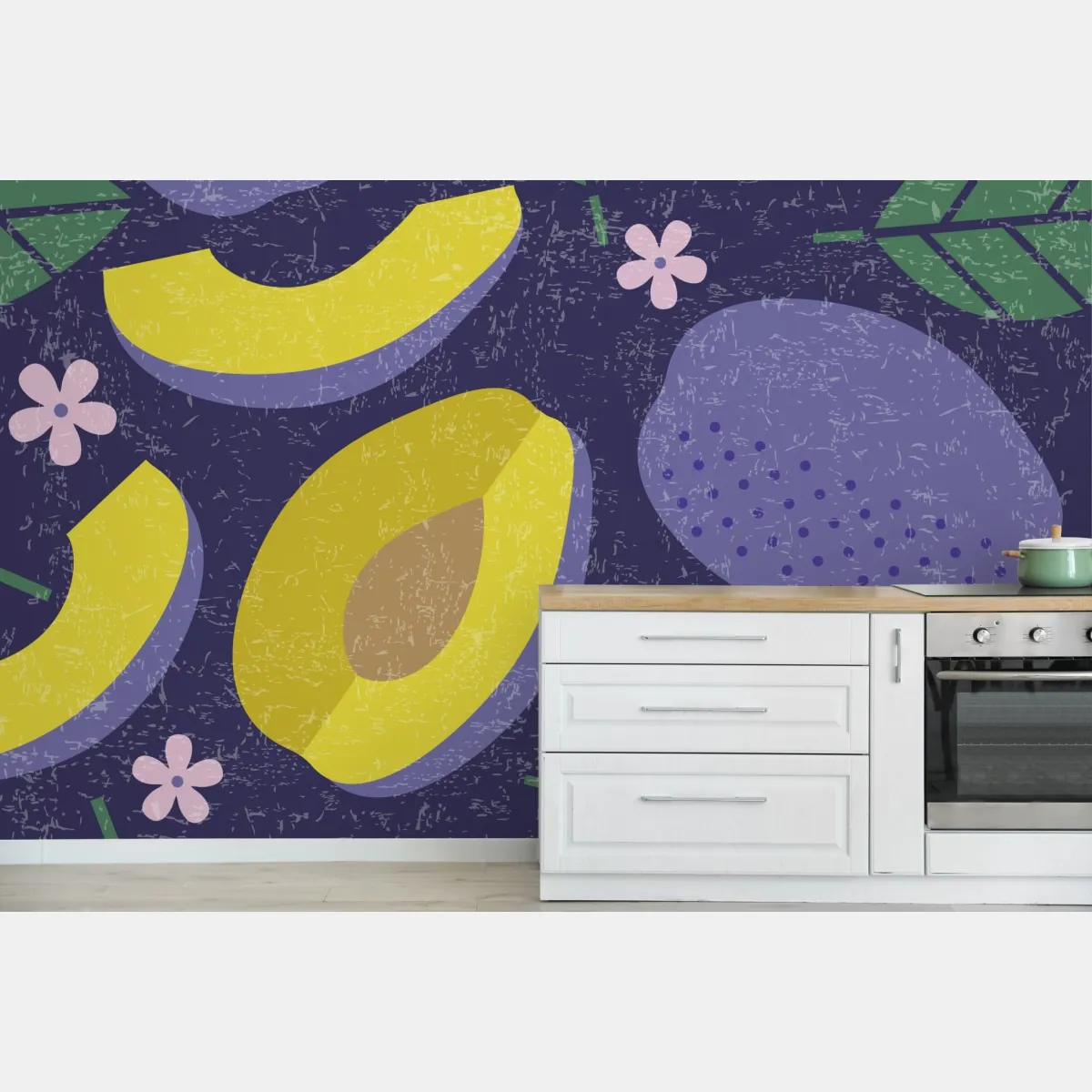 Fototapeta radosny wzór ze śliwkami i liśćmi – Wallissimo® Fototapeta radosny wzór ze śliwkami i liśćmi – Wallissimo®