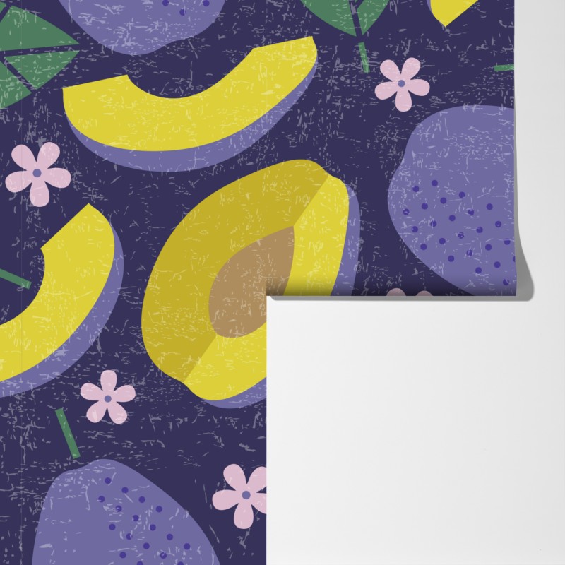 Fototapeta radosny wzór ze śliwkami i liśćmi – Wallissimo® Fototapeta radosny wzór ze śliwkami i liśćmi – Wallissimo®